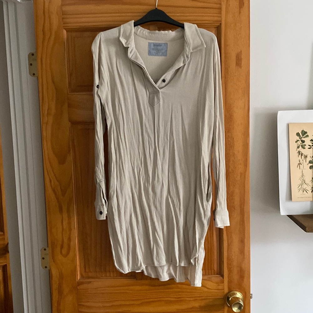 Long-sleeve shirt dress - Size Small - Beige